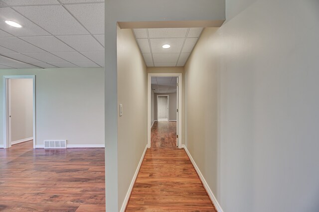 hallway featuring a drop ceiling and hardwood / wood-style flooring