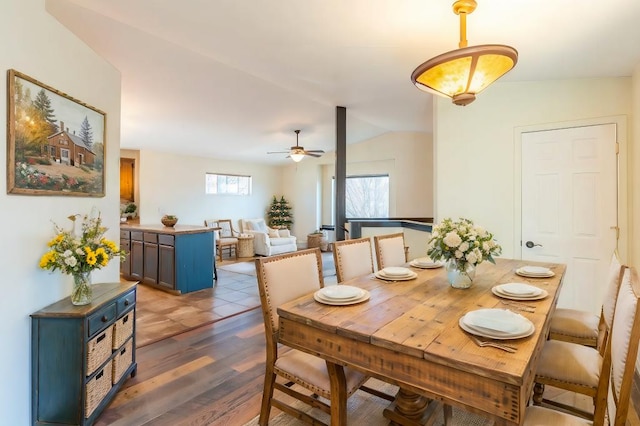 dining space featuring a wealth of natural light, ceiling fan, dark wood-type flooring, and vaulted ceiling