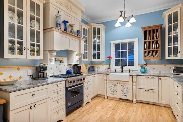 kitchen with tasteful backsplash, sink, ornamental molding, high end stainless steel range, and light stone counters