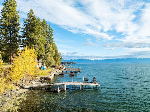 view of dock featuring a water and mountain view