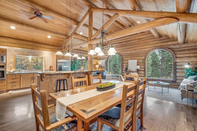 1750 Hill Meadows Rd, Whitefish, MT 59937 - dining space featuring rustic walls, wood ceiling, hardwood / wood-style flooring, recessed lighting, and a chandelier