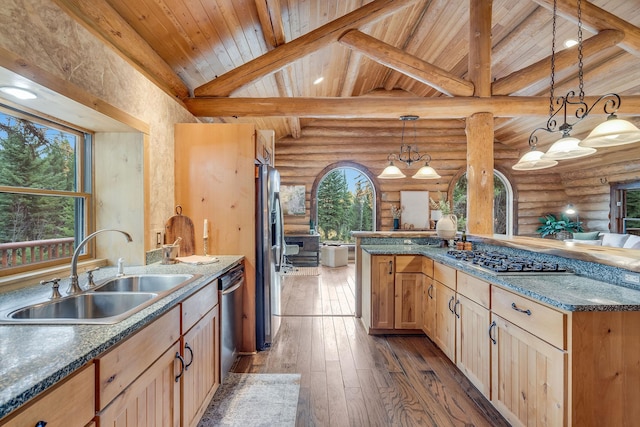 1750 Hill Meadows Rd, Whitefish, MT 59937 - kitchen featuring log walls, a sink, appliances with stainless steel finishes, wooden ceiling, and hardwood / wood-style floors
