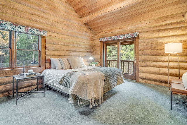 bedroom featuring access to exterior, wooden ceiling, rustic walls, and carpet