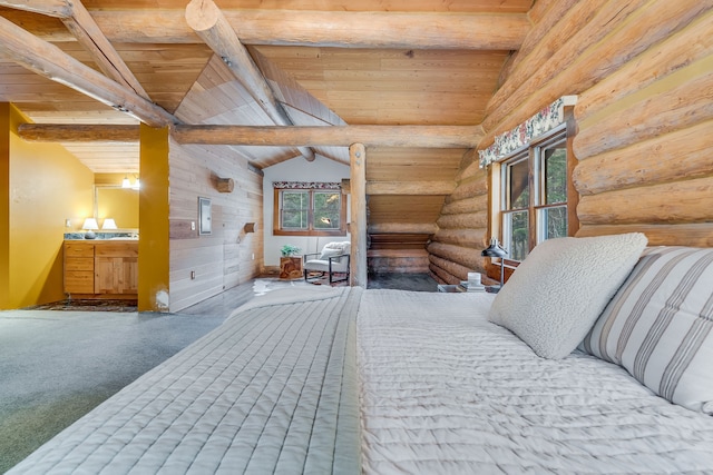 carpeted bedroom featuring log walls, lofted ceiling with beams, and wooden ceiling