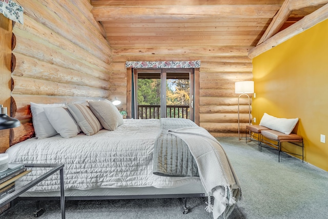 unfurnished bedroom featuring rustic walls, wood ceiling, vaulted ceiling, access to outside, and carpet