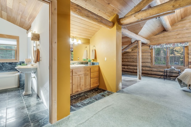 bathroom with sink, wood ceiling, lofted ceiling with beams, and log walls