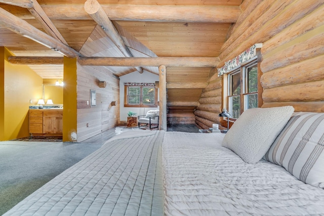 1750 Hill Meadows Rd, Whitefish, MT 59937 - bedroom featuring wooden ceiling, rustic walls, carpet flooring, and wooden walls