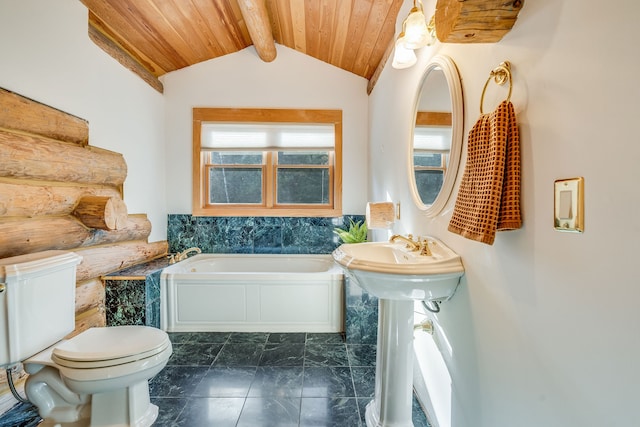 bathroom featuring wood ceiling, toilet, a bathtub, and vaulted ceiling with beams