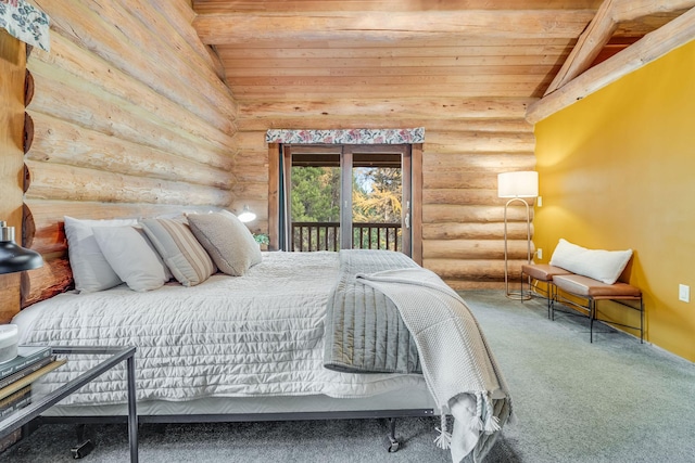 1750 Hill Meadows Rd, Whitefish, MT 59937 - carpeted bedroom featuring rustic walls, wooden ceiling, and access to exterior