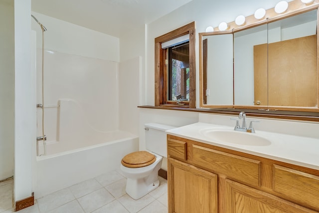 full bathroom featuring shower / tub combination, vanity, tile patterned floors, and toilet