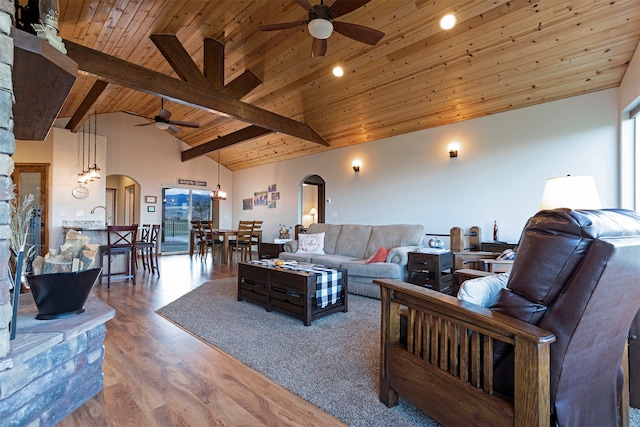 living room featuring hardwood / wood-style floors, beam ceiling, ceiling fan, high vaulted ceiling, and wooden ceiling