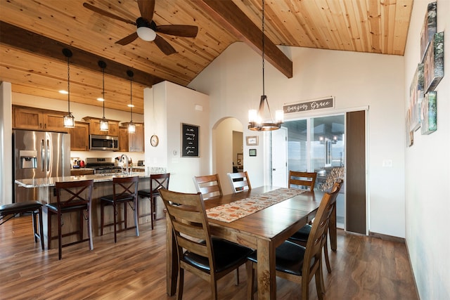 dining space with beamed ceiling, wooden ceiling, high vaulted ceiling, ceiling fan with notable chandelier, and dark hardwood / wood-style flooring