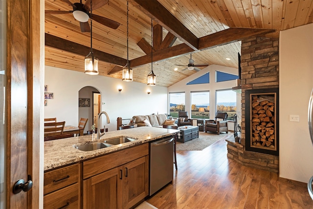 kitchen featuring wood ceiling, dark hardwood / wood-style floors, dishwasher, pendant lighting, and sink