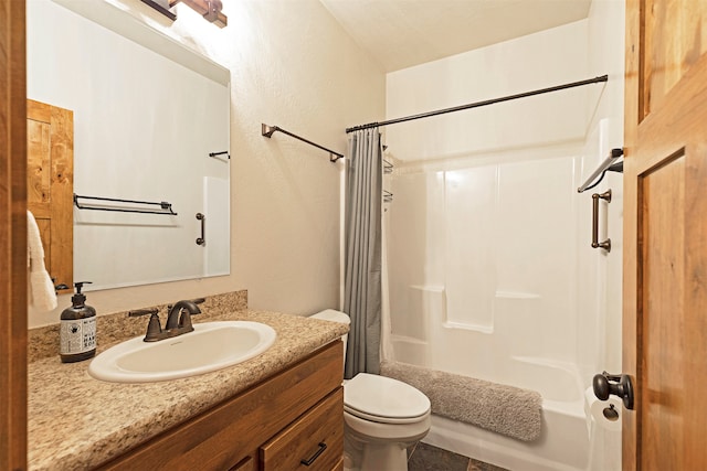 full bathroom with vanity, shower / bath combination with curtain, and toilet