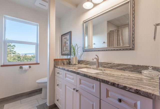 bathroom with vanity, toilet, and a shower with shower curtain