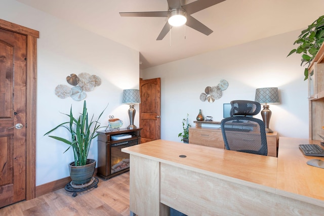 office area featuring ceiling fan and light hardwood / wood-style flooring