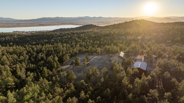 aerial view at dusk with a water and mountain view