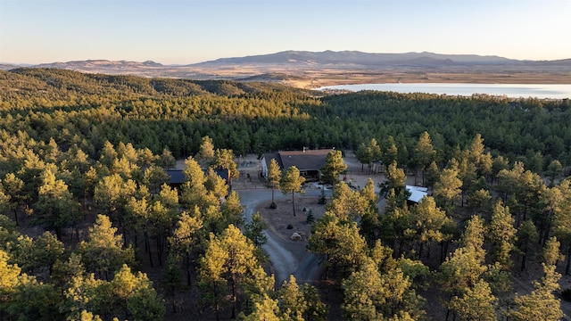 aerial view at dusk featuring a water and mountain view