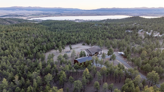 aerial view at dusk with a water and mountain view