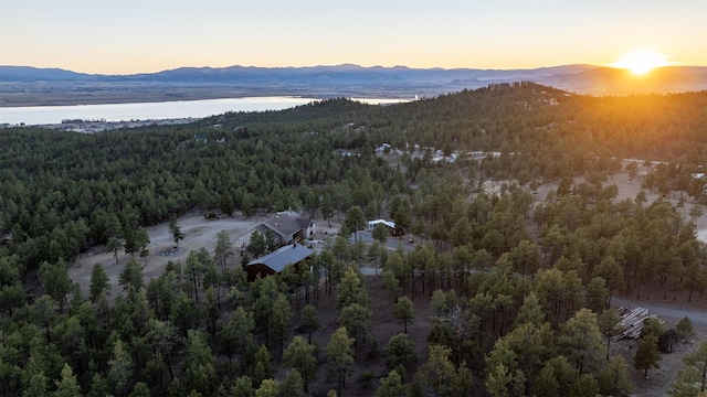 aerial view at dusk with a water and mountain view