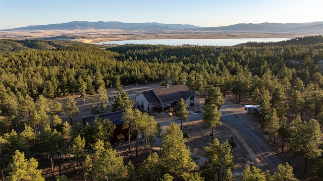 birds eye view of property with a water and mountain view