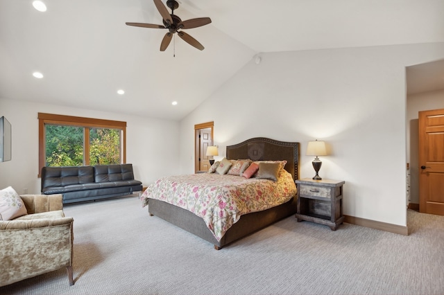 bedroom featuring vaulted ceiling, carpet flooring, and ceiling fan