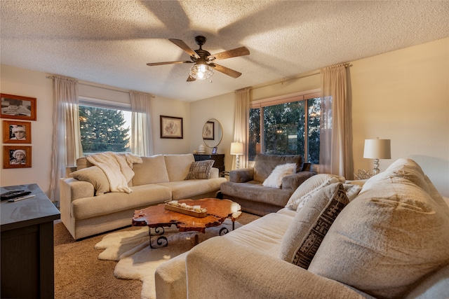 carpeted living room with ceiling fan and a textured ceiling