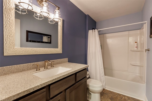 full bathroom with toilet, vanity, and shower / bathtub combination with curtain