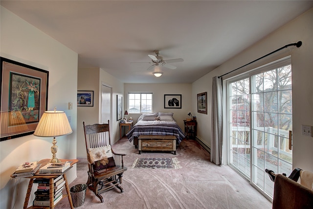 bedroom featuring access to outside, ceiling fan, and light colored carpet