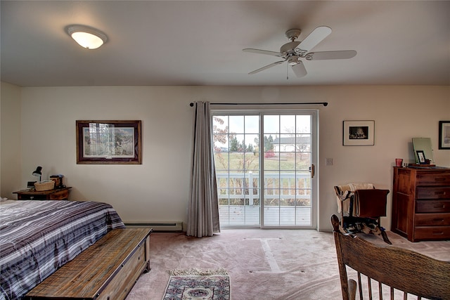 bedroom featuring access to outside, light colored carpet, a baseboard radiator, and ceiling fan