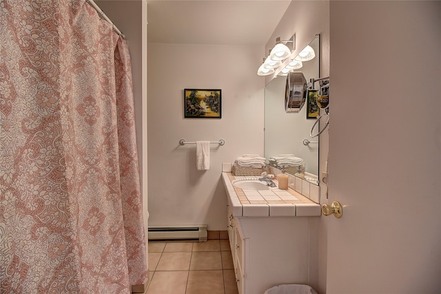 bathroom with tile patterned flooring, vanity, a shower with shower curtain, and a baseboard heating unit