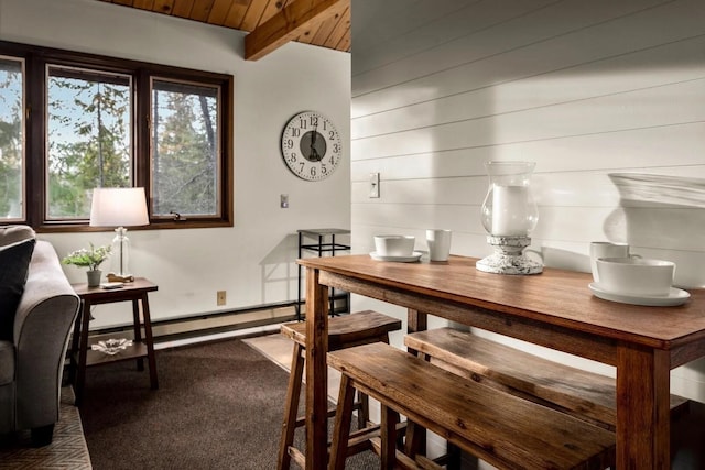 45 Alder Way Unit 3C, Whitefish, MT 59937 - dining area with carpet, a baseboard heating unit, wooden walls, and baseboards