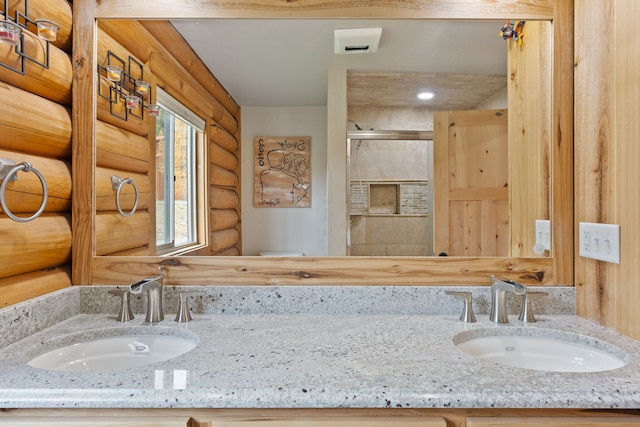 2197 W Tower Rd, Saltese, MT 59867 - full bath with rustic walls, a shower stall, and double vanity