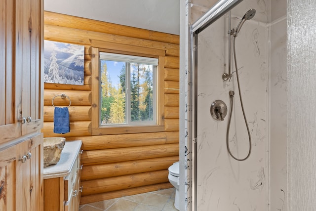 2197 W Tower Rd, Saltese, MT 59867 - bathroom featuring a marble finish shower, toilet, and log walls