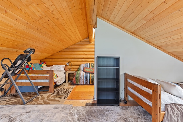 2197 W Tower Rd, Saltese, MT 59867 - bedroom featuring log walls, wooden ceiling, lofted ceiling, and wood finished floors