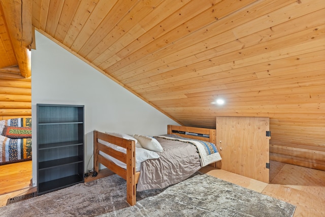 2197 W Tower Rd, Saltese, MT 59867 - bedroom featuring wooden ceiling, vaulted ceiling, rustic walls, wood finished floors, and recessed lighting