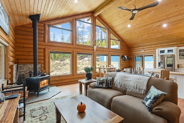 2197 W Tower Rd, Saltese, MT 59867 - living room featuring high vaulted ceiling, a wood stove, log walls, wood ceiling, and ceiling fan