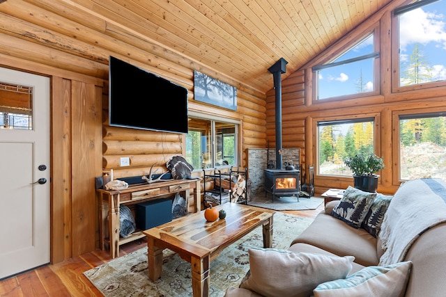 2197 W Tower Rd, Saltese, MT 59867 - living room with a wood stove, log walls, healthy amount of natural light, hardwood / wood-style flooring, and wooden ceiling