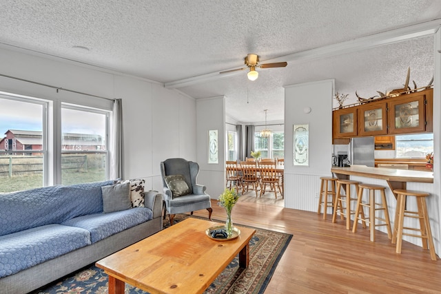 living room featuring light hardwood / wood-style floors, a textured ceiling, and a wealth of natural light