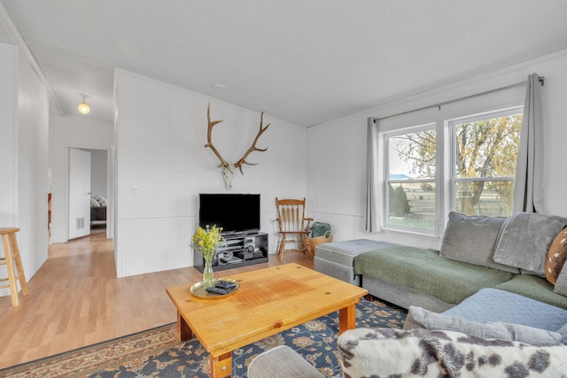 living room featuring wood-type flooring, a textured ceiling, and ornamental molding