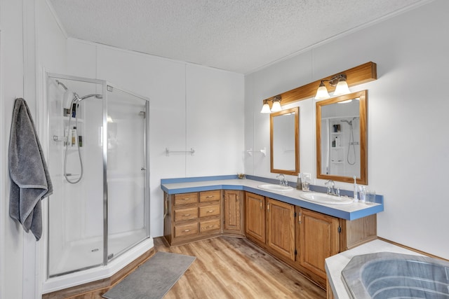 bathroom featuring a shower with door, vanity, a textured ceiling, and hardwood / wood-style flooring