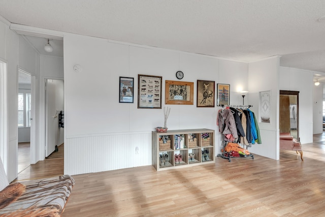 misc room with crown molding, a textured ceiling, and wood-type flooring