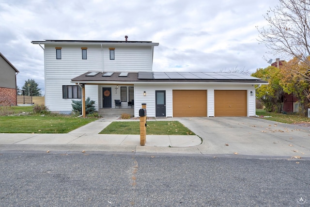 view of front of house with solar panels, a porch, and a garage