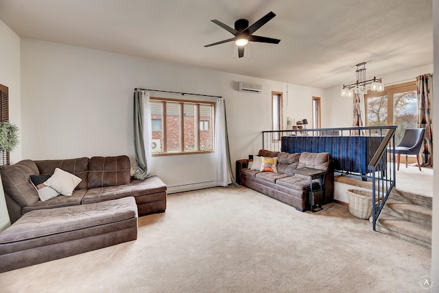 carpeted living room featuring an AC wall unit, ceiling fan with notable chandelier, and a baseboard heating unit