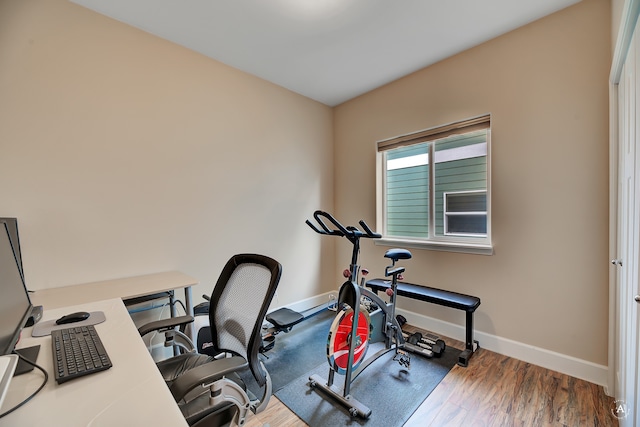 exercise room with hardwood / wood-style floors