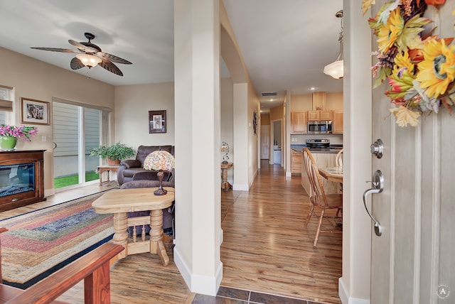 foyer featuring dark hardwood / wood-style flooring and ceiling fan