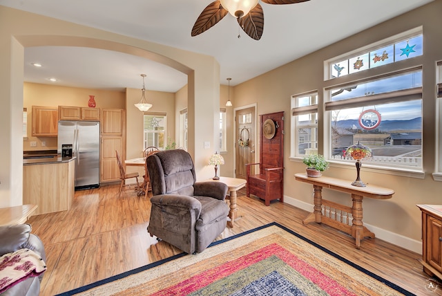 living room with ceiling fan and light hardwood / wood-style flooring