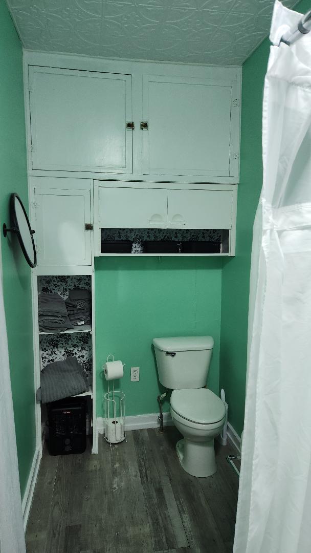 bathroom with toilet and hardwood / wood-style flooring