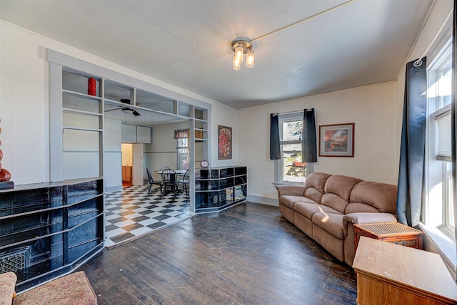 420 Knight St, Helena, MT 59601 - living room with ceiling fan, dark wood-style flooring, and baseboards