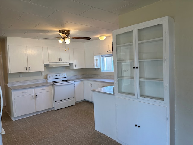 kitchen with white cabinetry, white electric range, and ceiling fan